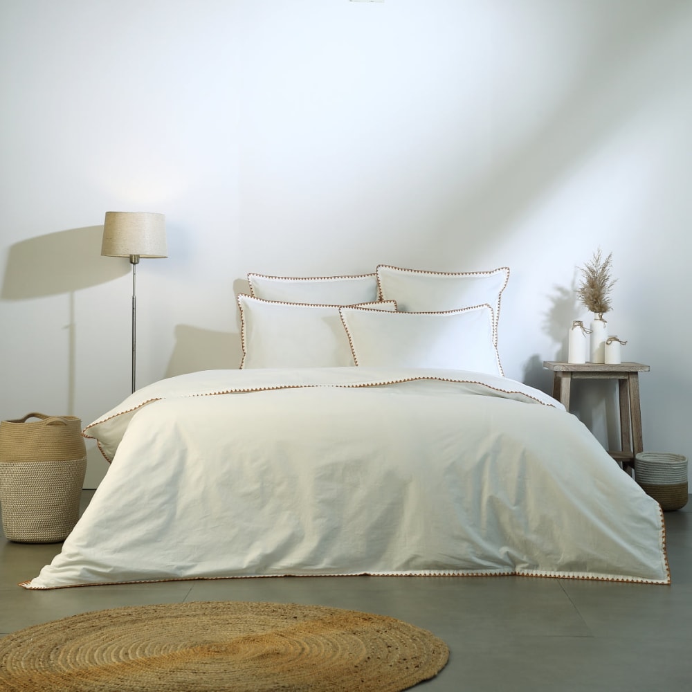 Parure + taies 65x65 percale de coton blanc & caramel 240x220