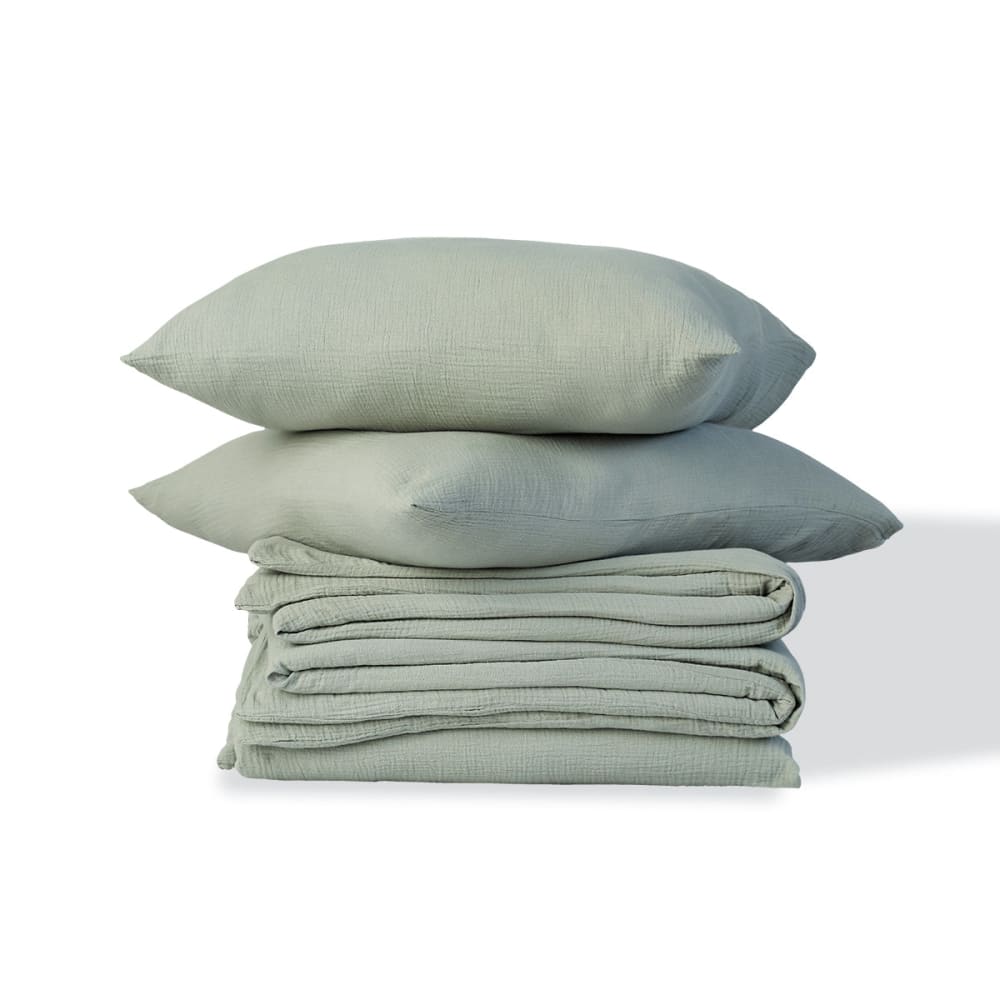Parure + taies 65x65 gaze de coton céladon 240x220