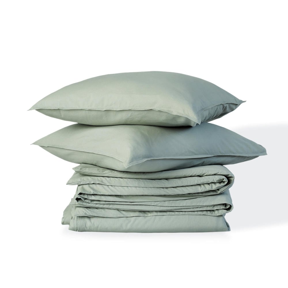 Parure + taies 65x65 coton lavé vert céladon 260x240 - Maisons du Monde