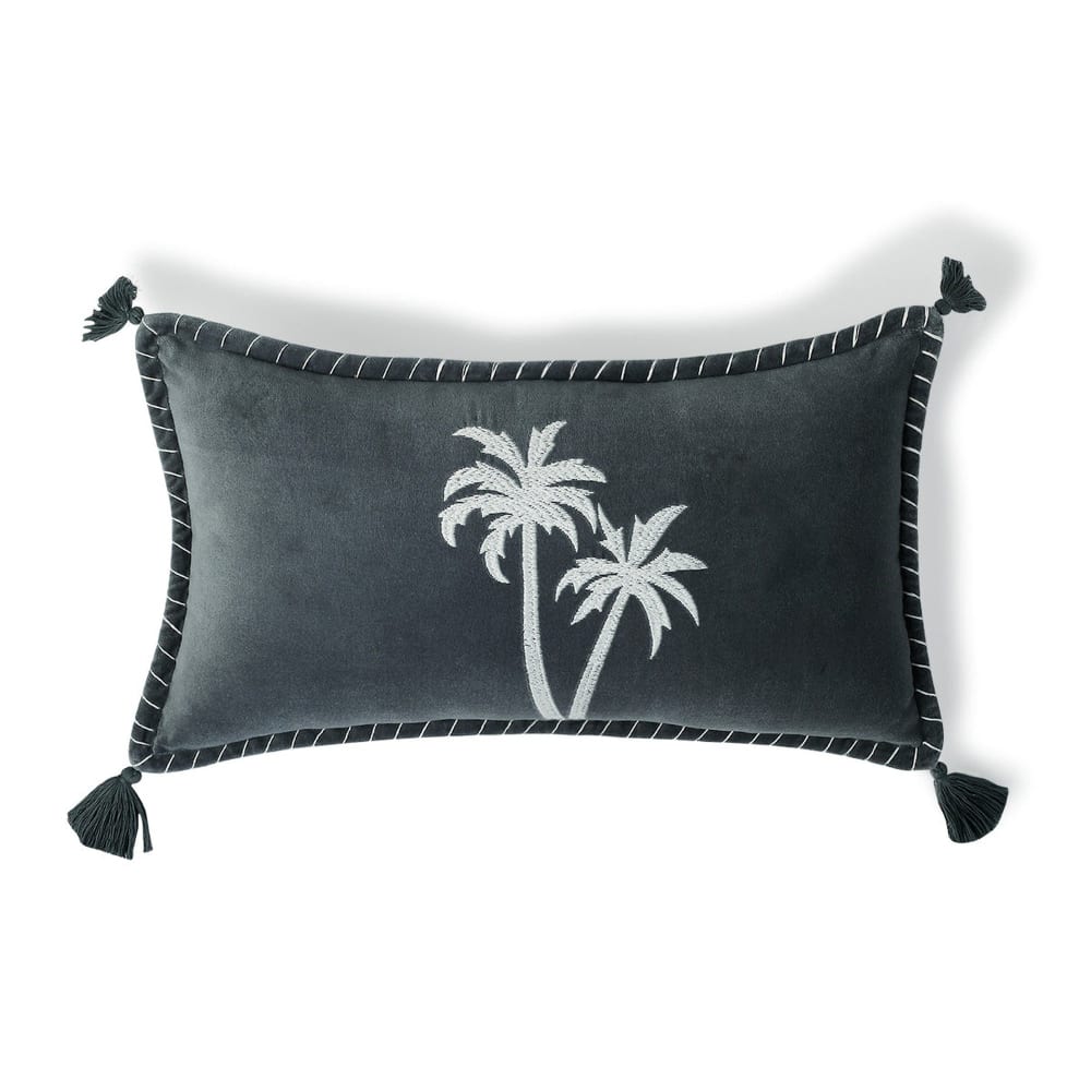 Febronie Coussin velours de coton 50x30 bleu orage style inspirations d'ailleurs Certifié Oeko-Tex