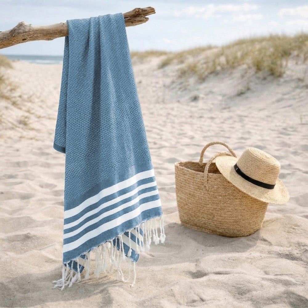 Fouta nid d'abeille coton 100x200 bleu jean — vue 4