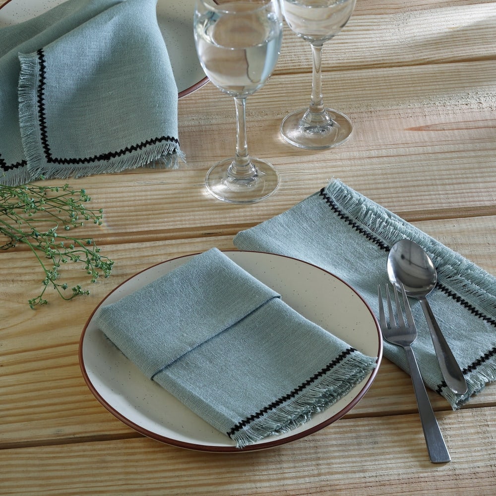 Lot de 4 serviettes de table lin lavé céladon & noir 45x45