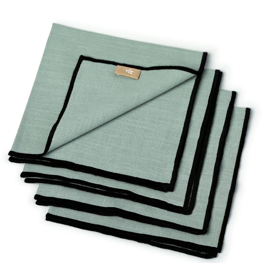 Lot de 4 serviettes de table toile de coton 45x45 vert céladon & noir