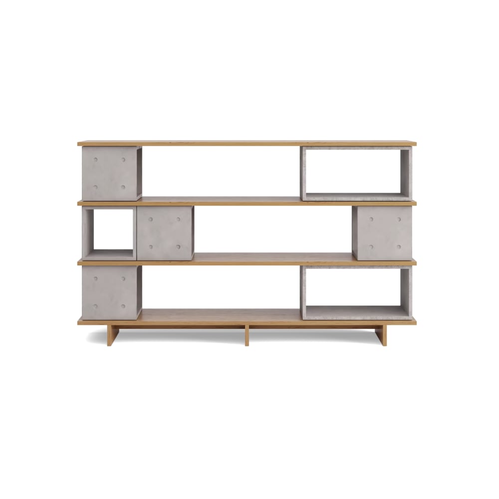Lyon Béton Grande bibliothèque en béton gris et plaqué chêne - 229,5x138,8cm style industriel Gris Béton - 230x139x42cm