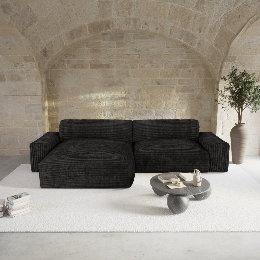 Canapé angle gauche velours côtelé XXL noir 220cm