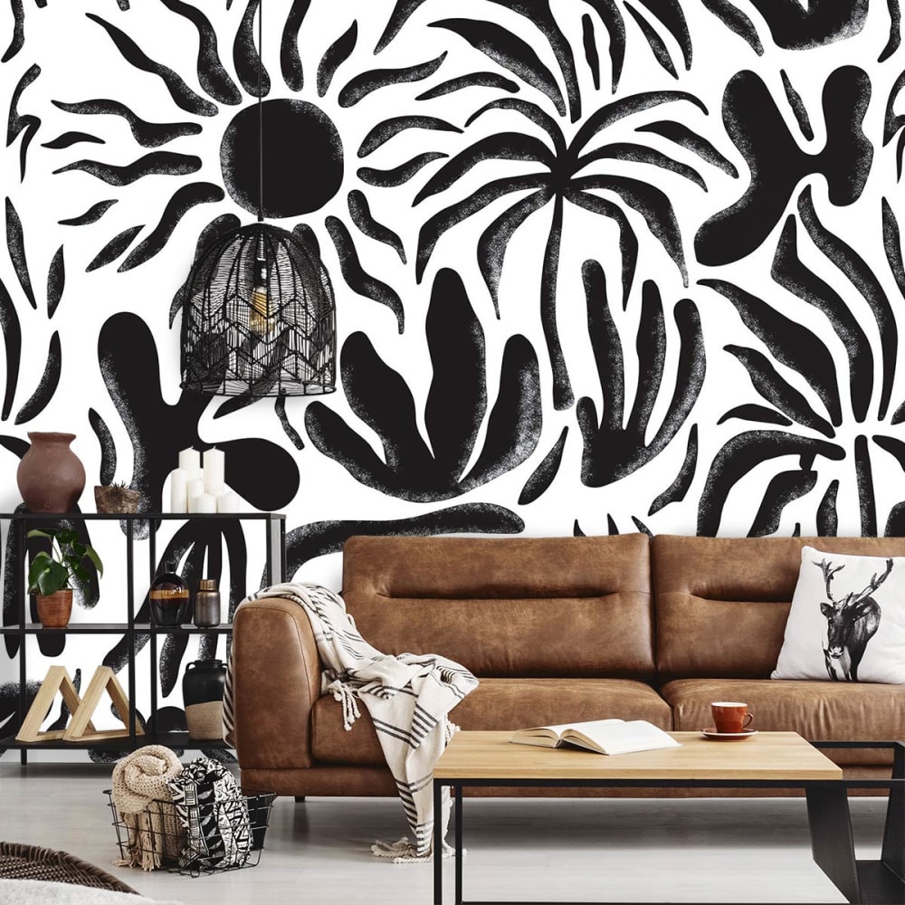 Papier peint plantes et soleil en n&b 260x270 cm