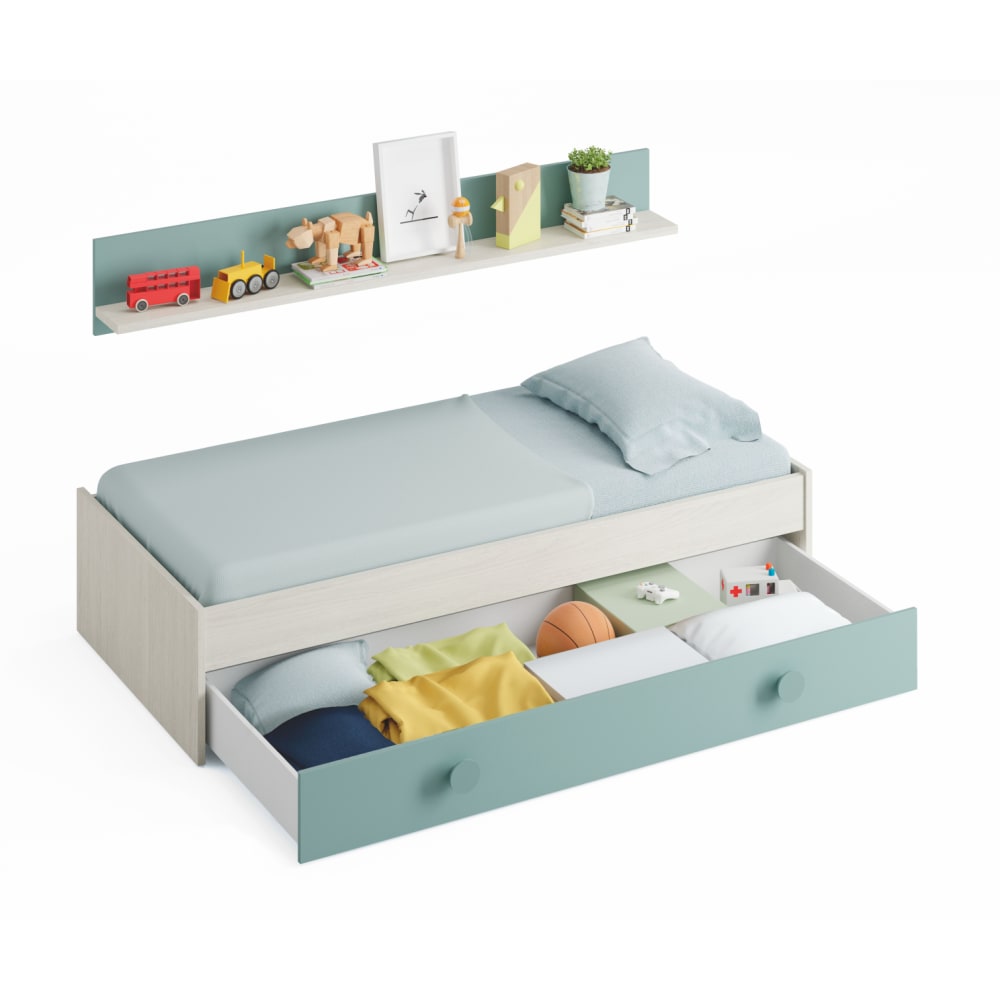 Lit tiroir avec étagère murale - Blanc / Turquoise - 90 cm