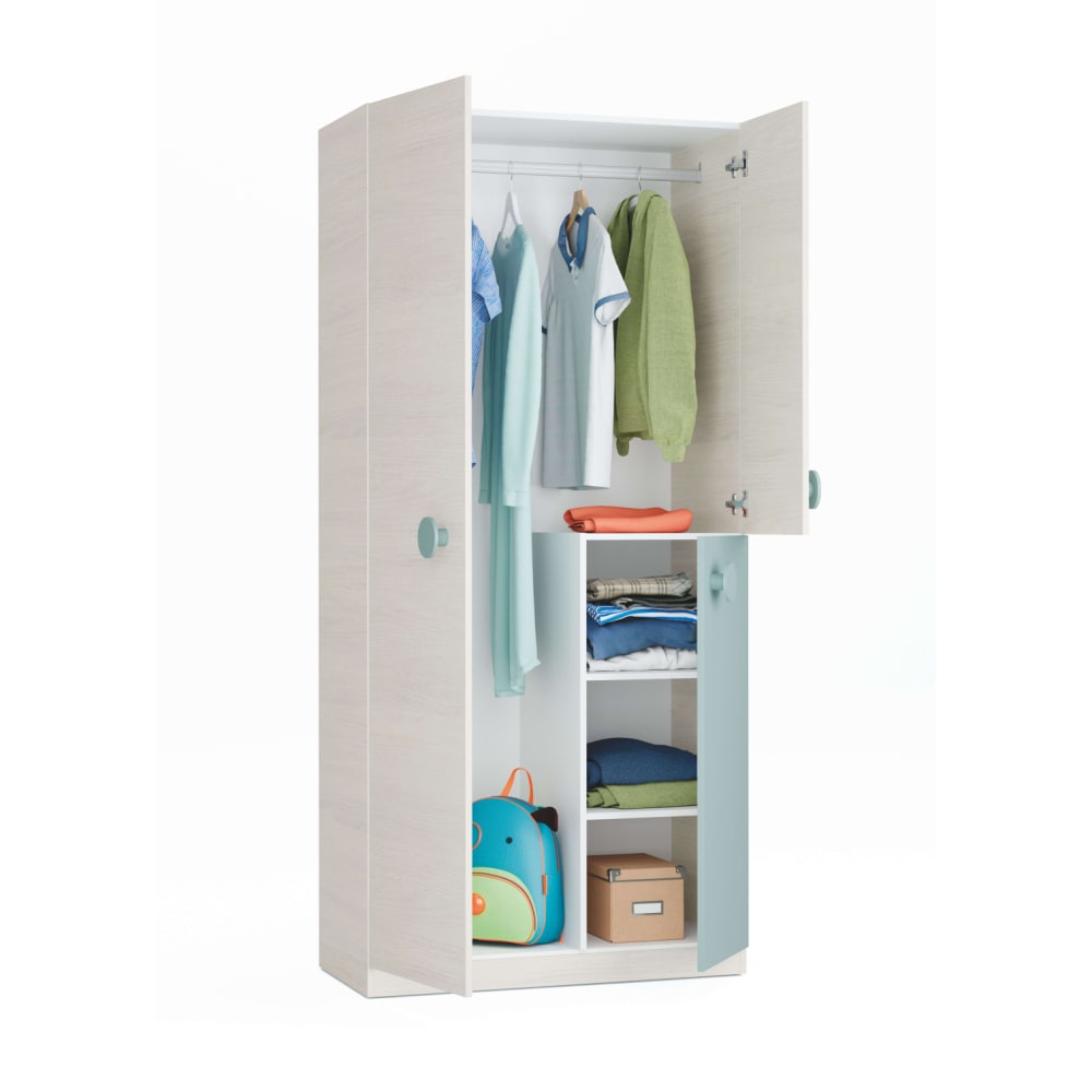 Armoire enfant 3 portes L90cm x H200cm - Blanc / Turquoise