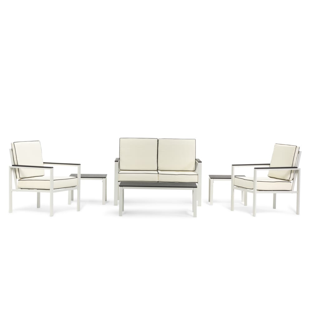 Ensemble d'extérieur en acier et polyéthylène effet bois avec coussins