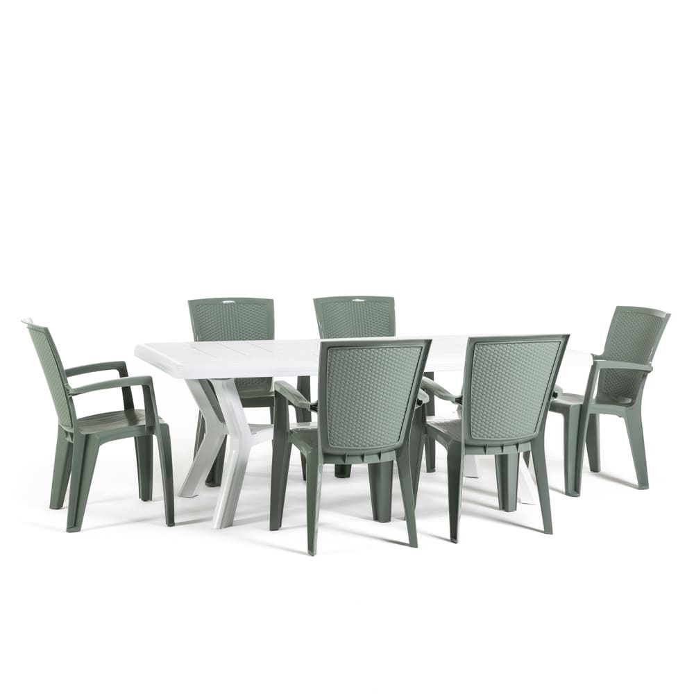 Ensemble table rectangulaire et 6 chaises en résine effet rotin vert