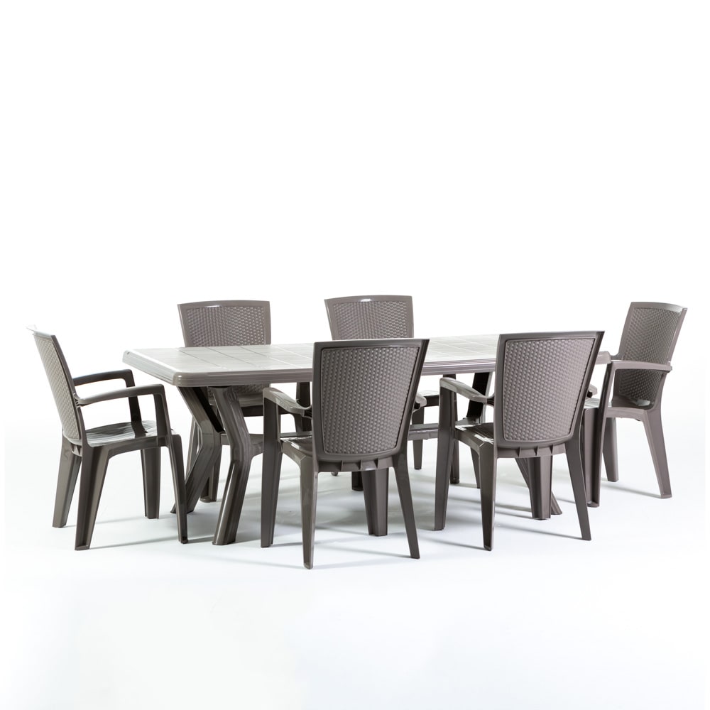 Ensemble table rectangulaire et 6 chaises en résine effet rotin taupe