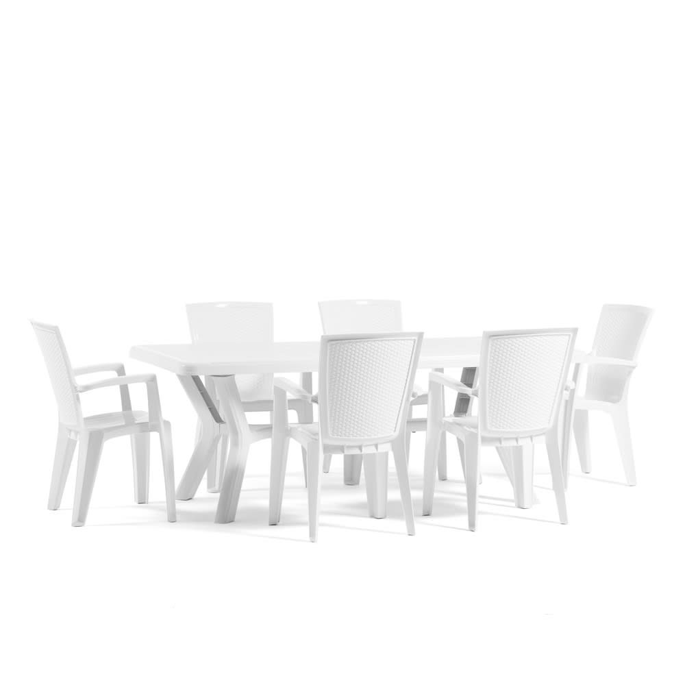 Ensemble table rectangulaire et 6 chaises en résine effet rotin blanc