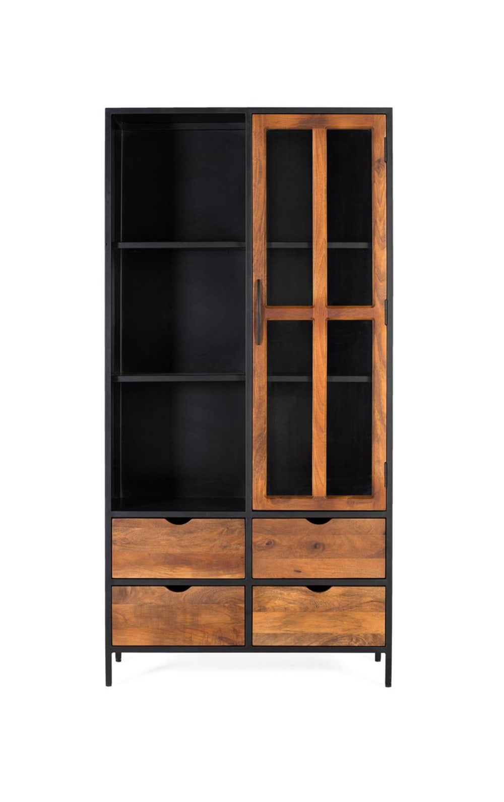 Vitrine avec 4 tiroirs et une porte vitrée avec structure métallique
