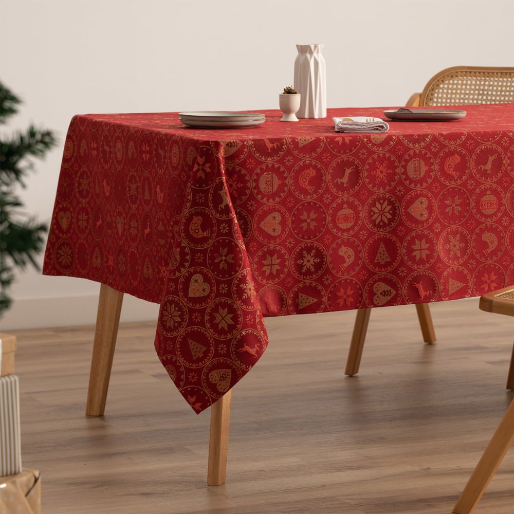 Nappe de Noël en coton jacquard rouge 140x350 cm
