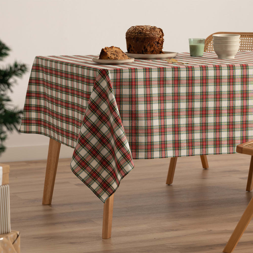 Mantel navidad algodón jacquard cuadros blanco 140x140 cm