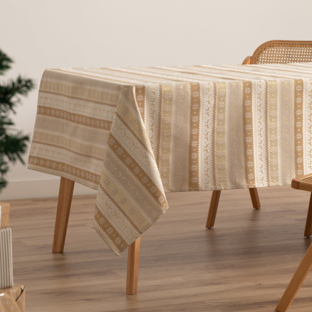 Jacquard Weihnachtstischdecke aus Baumwolle, Beige Gold 140x100