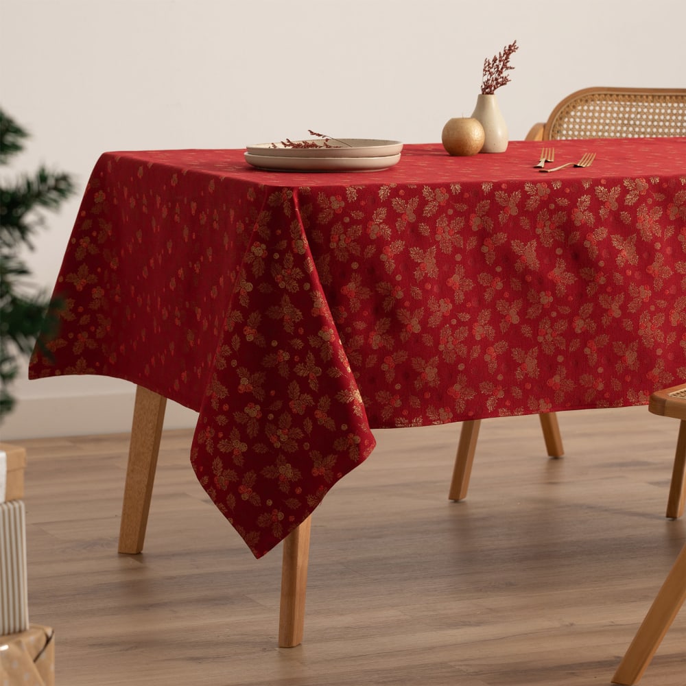 Nappe de Noël en coton jacquard rouge 140x300 cm