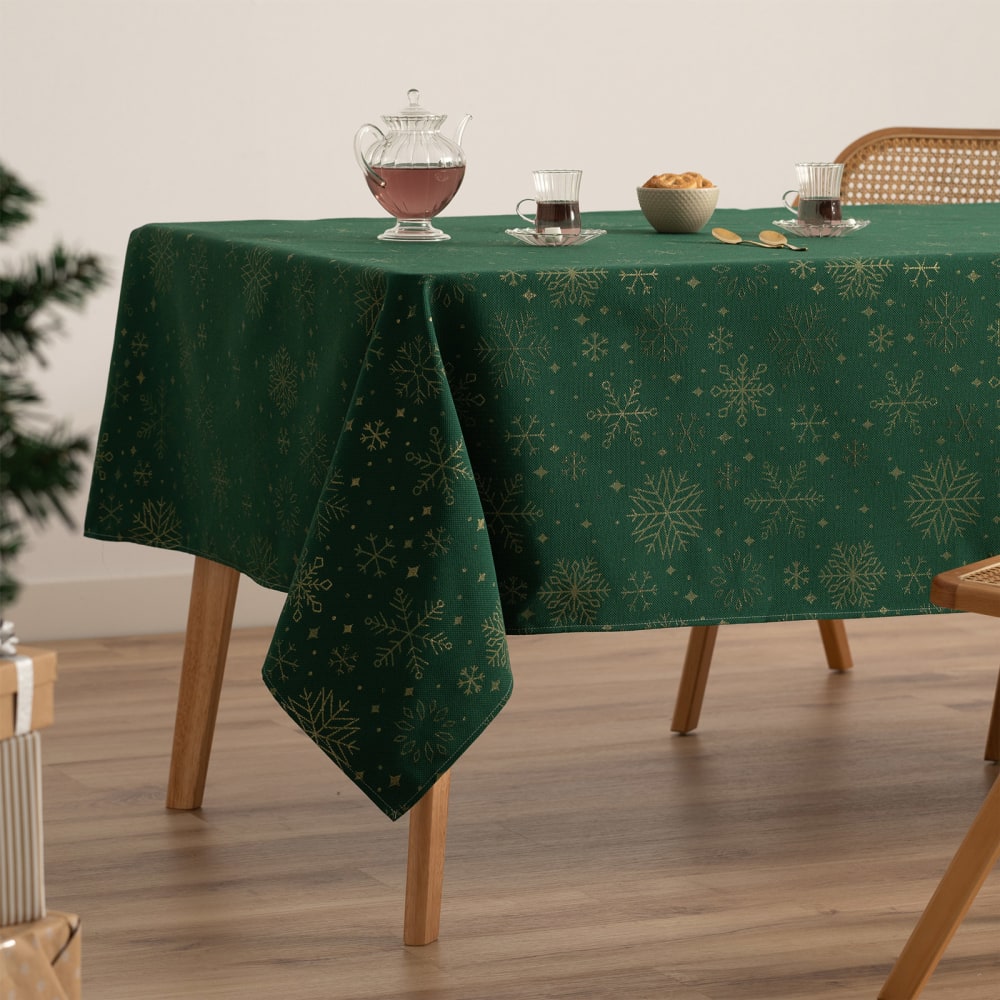 Mantel navidad algodón jacquard snowflake verde 140x240 cm