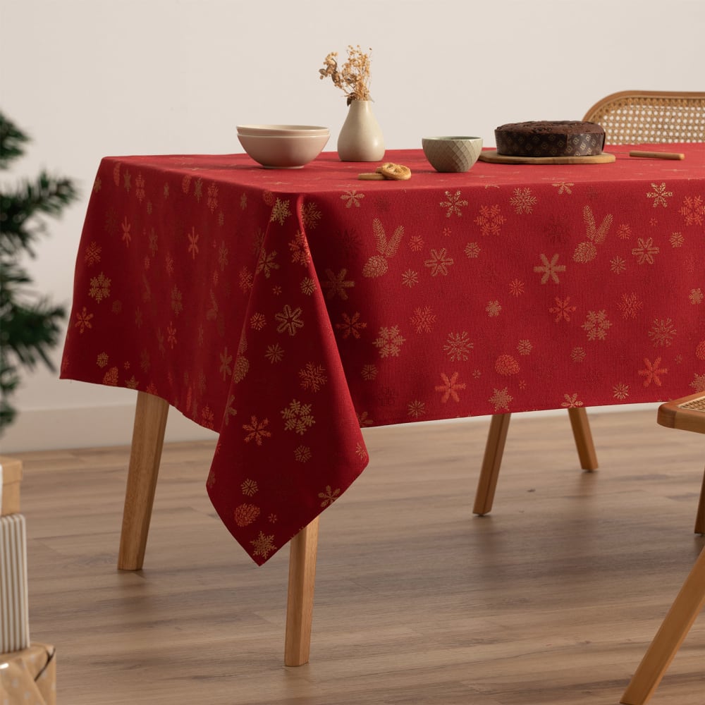Nappe de Noël en coton jacquard rouge 140x140 cm