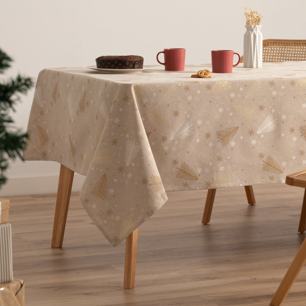 Nappe de Noël en coton jacquard beige et or 140x100 cm