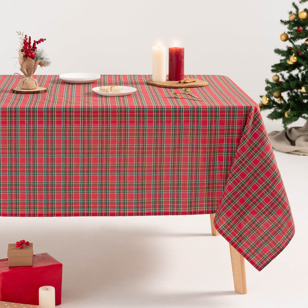 Nappe de Noël en coton jacquard carreaux rouge 140x240 cm