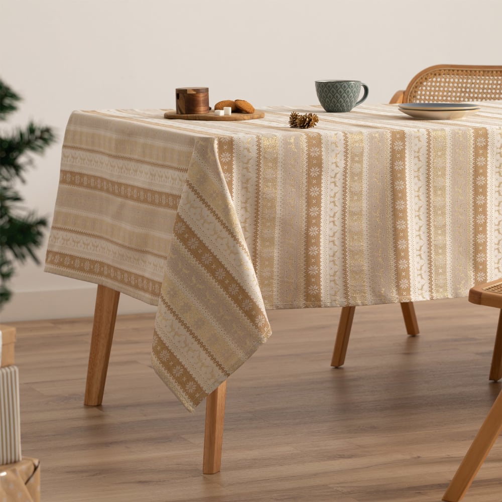 Nappe de Noël en coton jacquard beige et or 140x240 cm