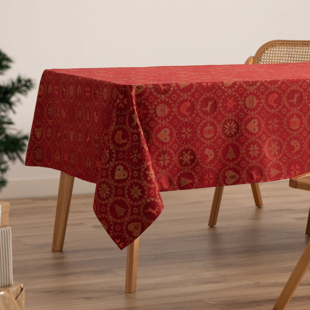 Jacquard Weihnachtstischdecke aus Baumwolle, Rot 140x200 cm -