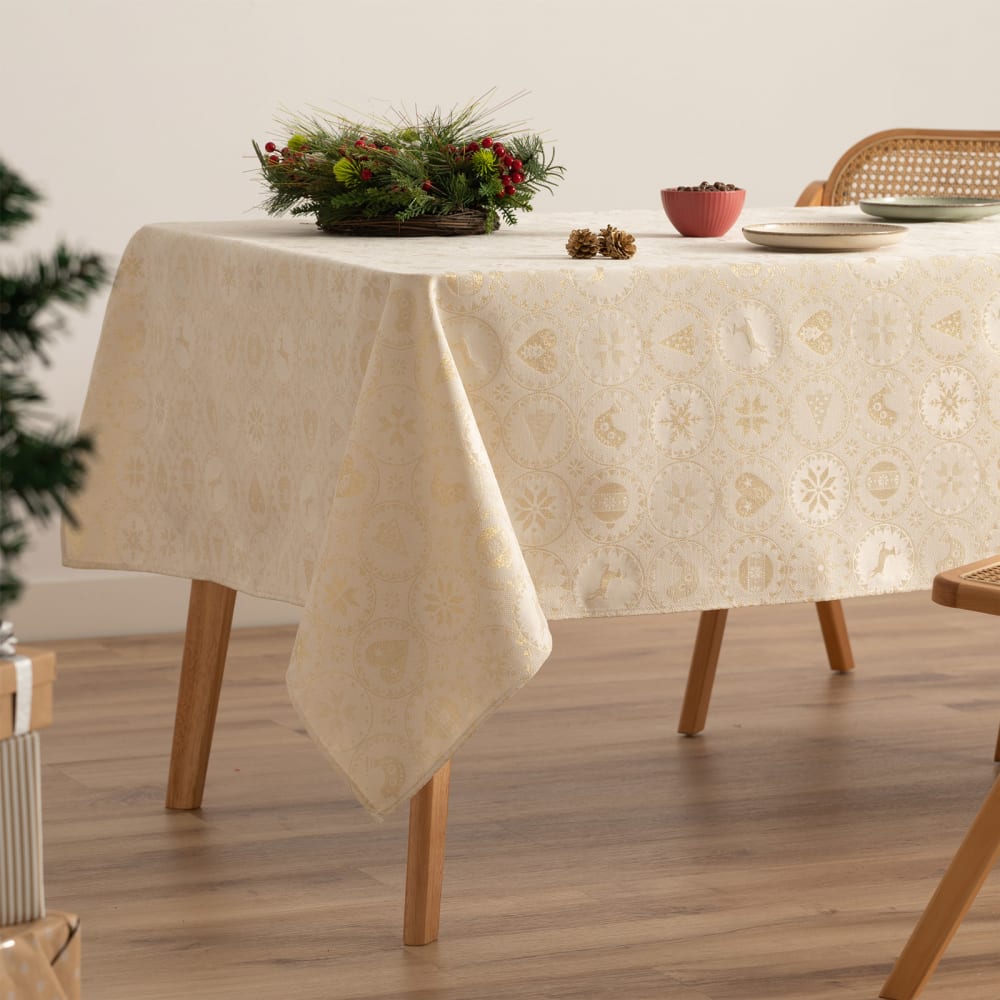 Mantel navidad algodón jacquard círculos crudo 140x200 cm