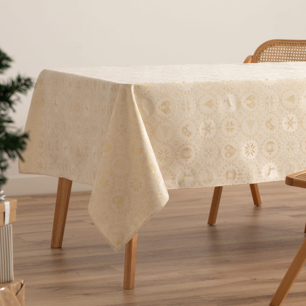 Jacquard Weihnachtstischdecke aus Baumwolle, Ecru 140x200 cm -