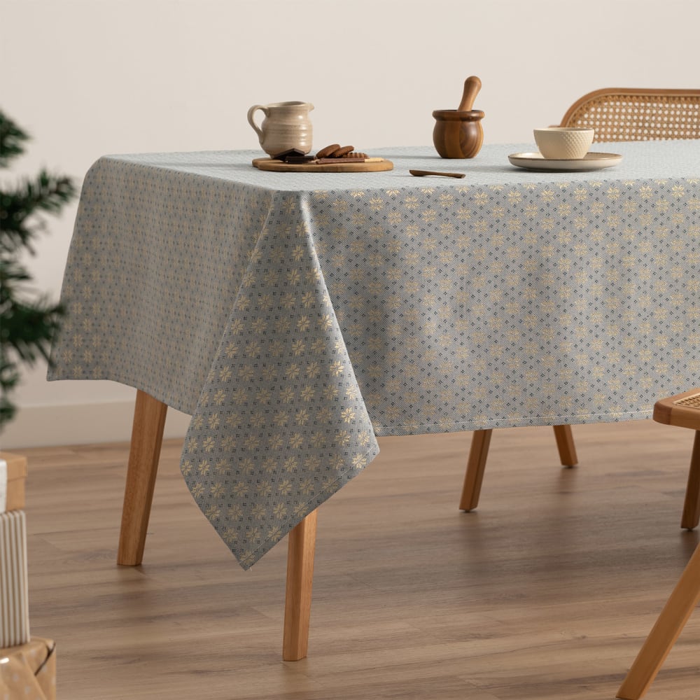 Mantel navidad algodón jacquard snowflake azul y oro 140x350 cm