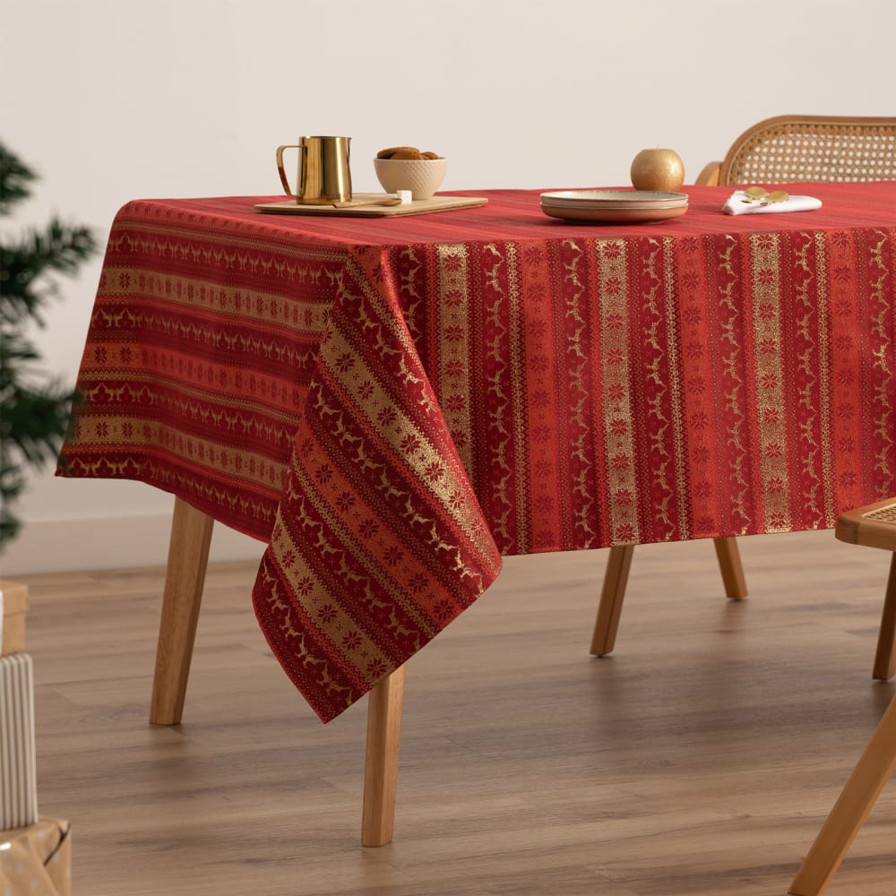Nappe de Noël en coton jacquard rouge 140x200 cm