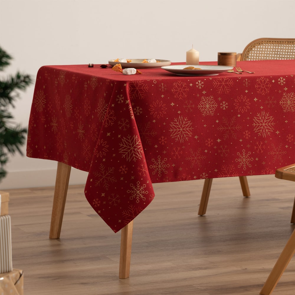 Mantel navidad algodón jacquard snowflake rojo 140x300 cm