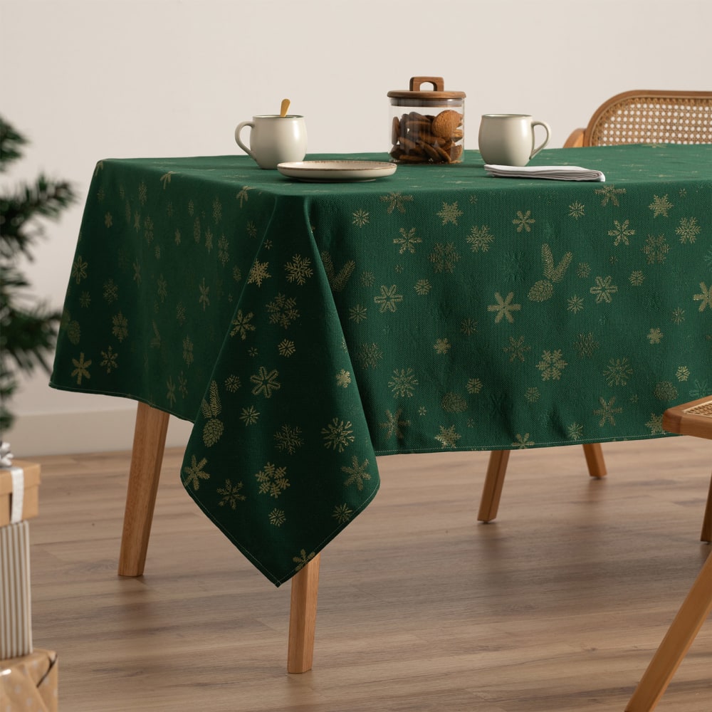 Mantel navidad algodón jacquard snowflake verde 140x300 cm