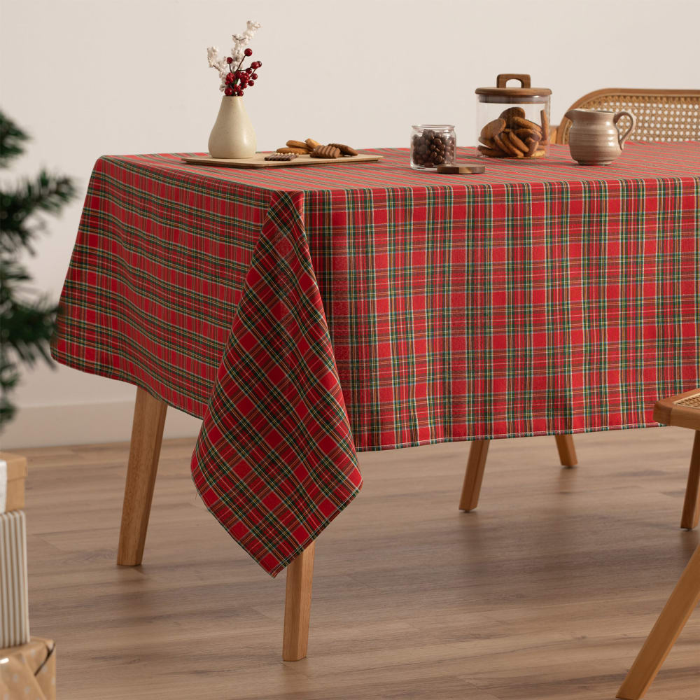 Mantel navidad algodón jacquard cuadros rojo 140x350 cm