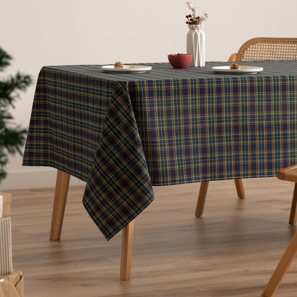 Mantel navidad algodón jacquard cuadros azul 140x350 cm