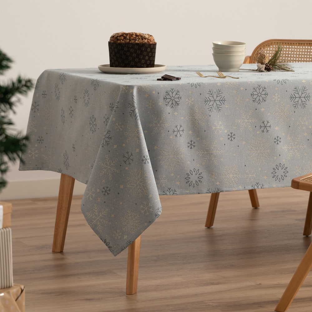 Mantel navidad algodón jacquard snowflake azul y oro 140x350 cm