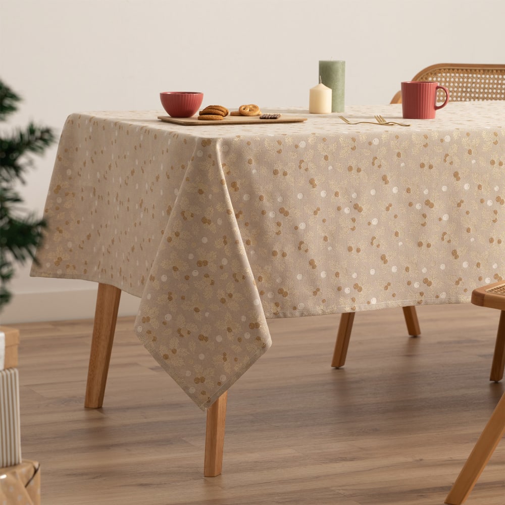 Mantel navidad algodón jacquard beige y oro 140x300 cm