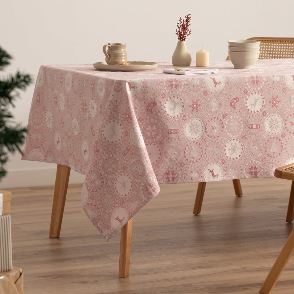 Mantel navidad algodón jacquard círculos rosa palo y plata 140x300 cm