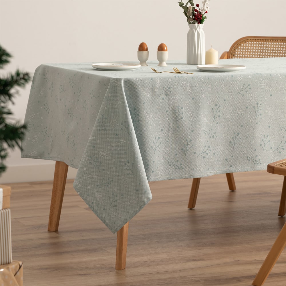 Nappe de Noël en coton jacquard vert d'eau et argent 140x240 cm