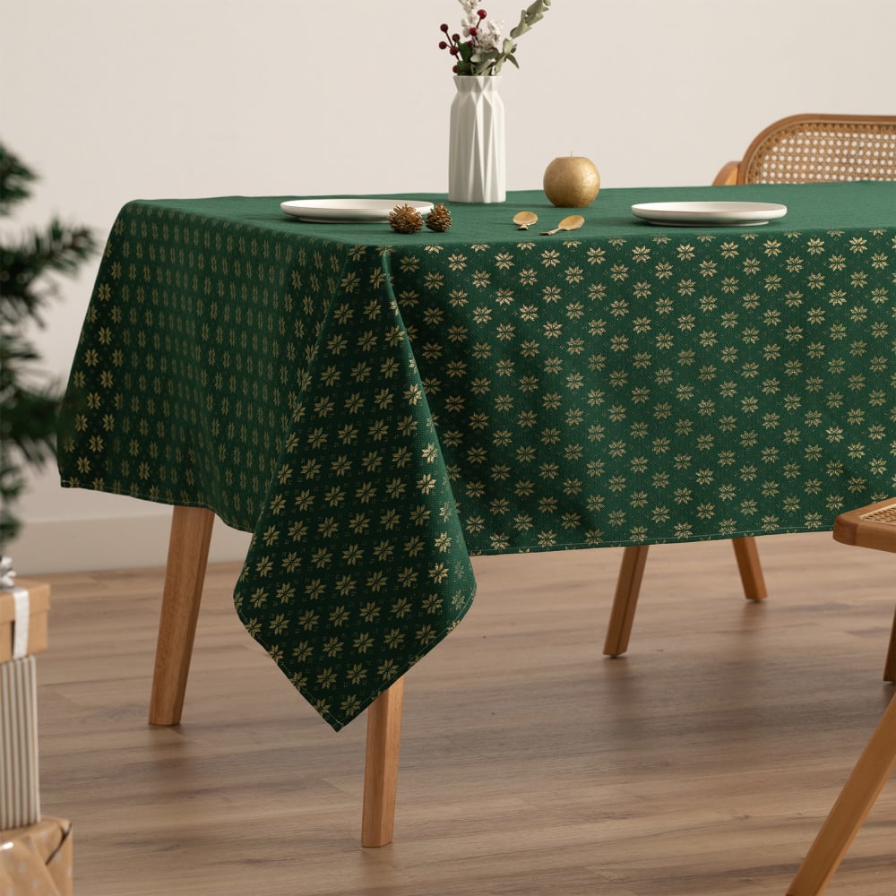 Mantel navidad algodón jacquard snowflake verde 140x240 cm