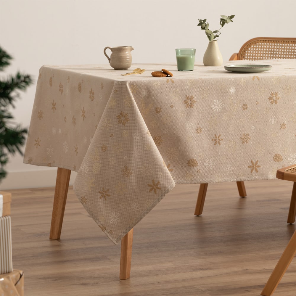 Nappe de Noël en coton jacquard beige et or 140x200 cm