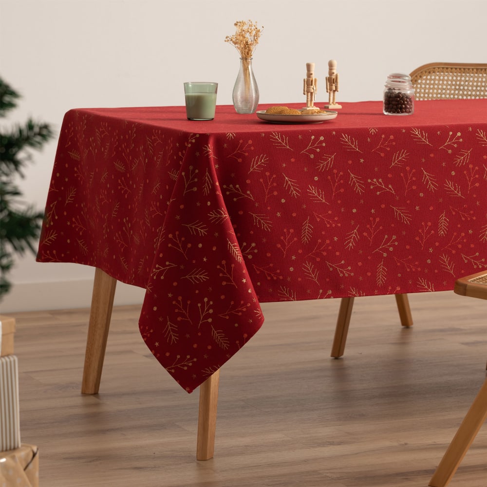 Nappe de Noël en coton jacquard rouge 140x300 cm Nappe de Noël en coton jacquard rouge 140x300 cm