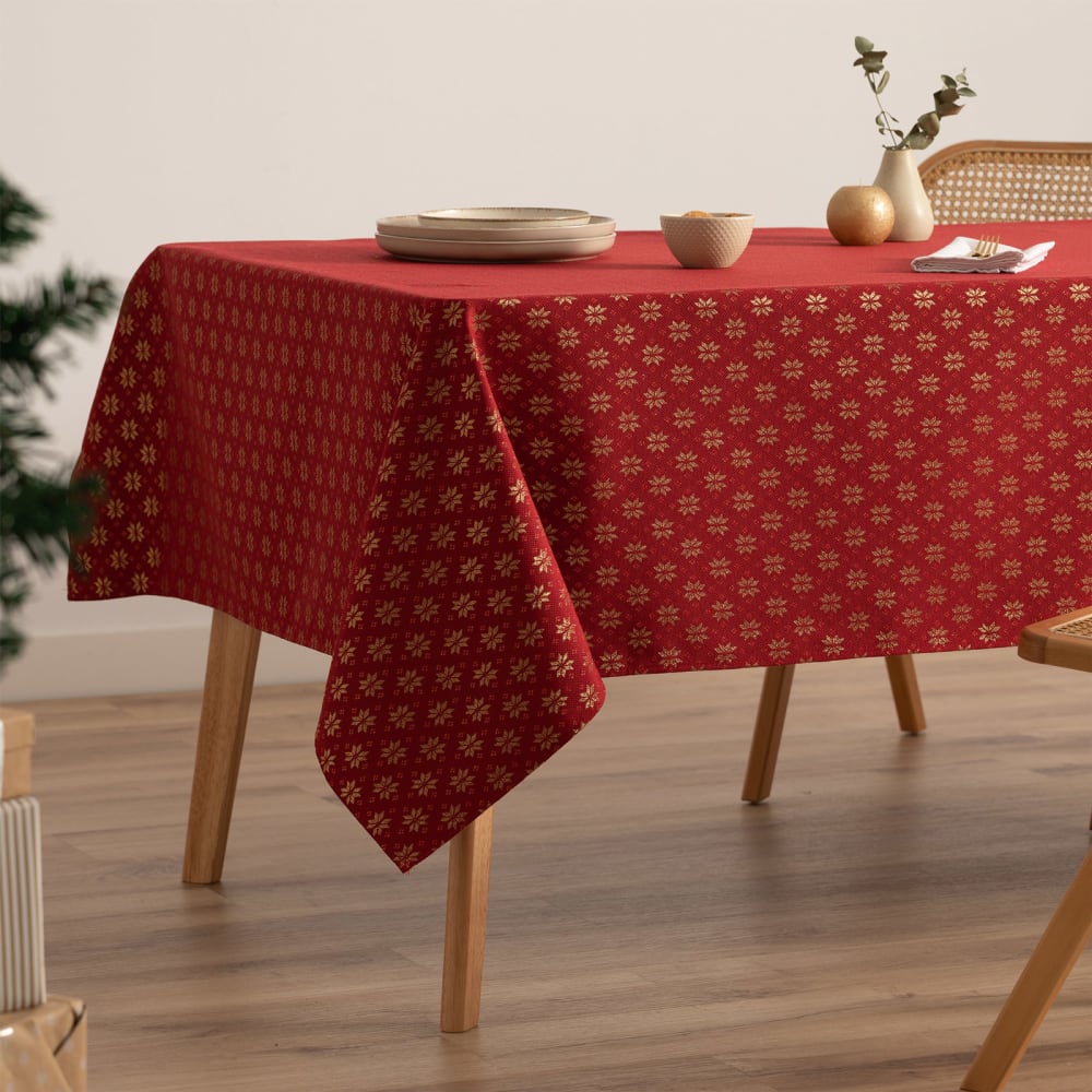 Mantel navidad algodón jacquard snowflake rojo 140x350 cm