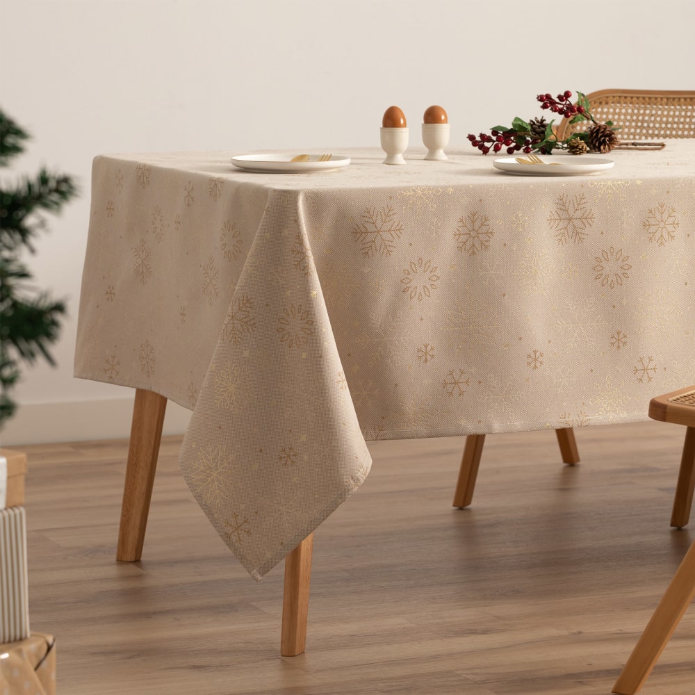 Mantel navidad algodón jacquard snowflake beige y oro 140x240 cm