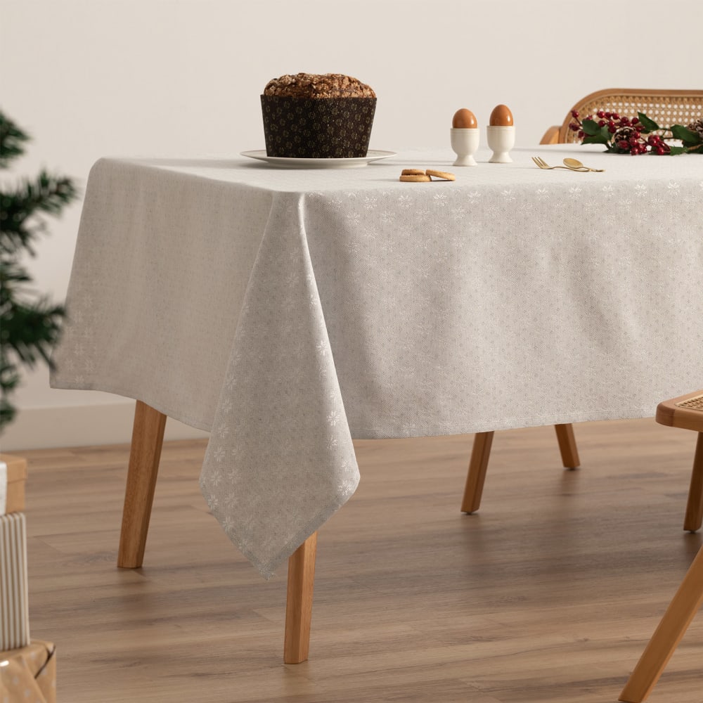 Mantel navidad algodón jacquard snowflake gris alma y plata 140x200 cm