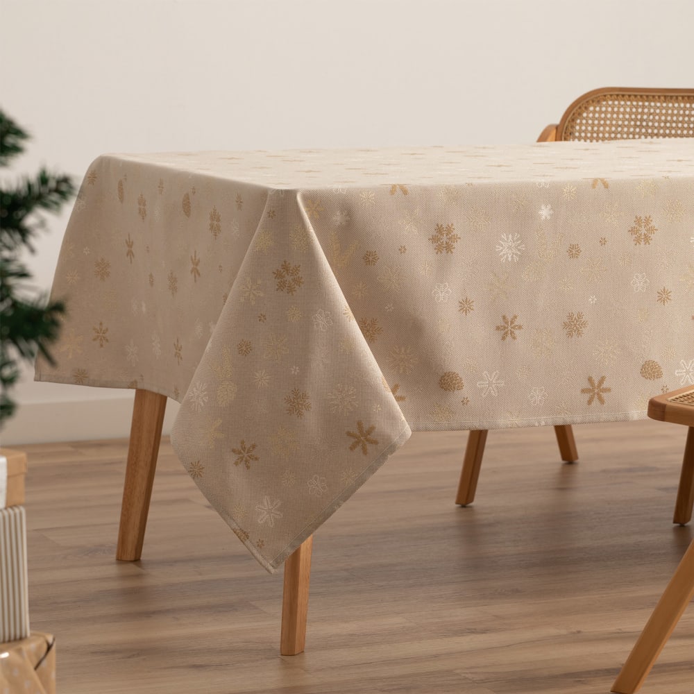 Jacquard Weihnachtstischdecke aus Baumwolle, Beige Gold 140x100