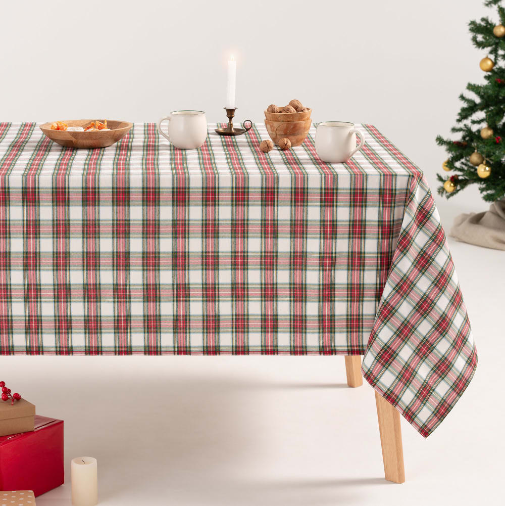 Nappe de Noël en coton jacquard carreaux blanc 140x100 cm
