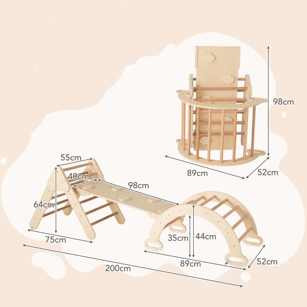 7 en 1 triangle arche montessori d'escalade naturel 98.5*40*7.5cm