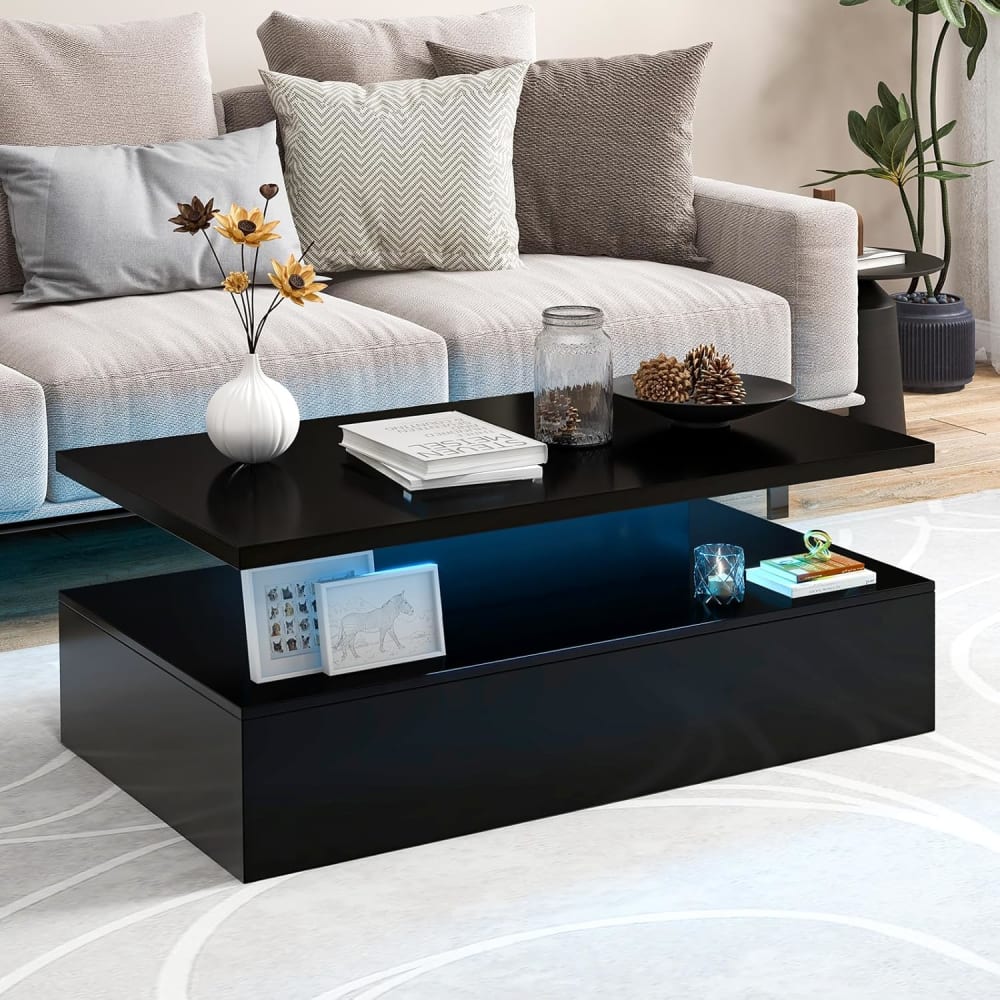 Table basse led 20 lumières laquée noir 110x60x40cm
