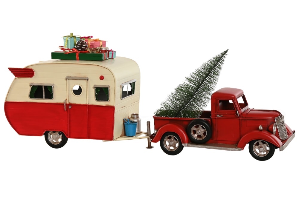 Vehiculo caravana y arbol navidad metal rojo 73x19x28,5cm